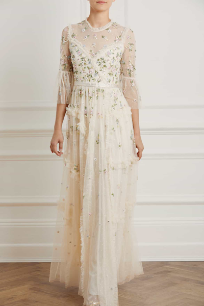 Needle & Thread Shimmer Ditsy Long Sleeve Gown In Champagne