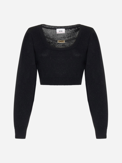Gcds Lurex Knit Cropped Sweater In Black