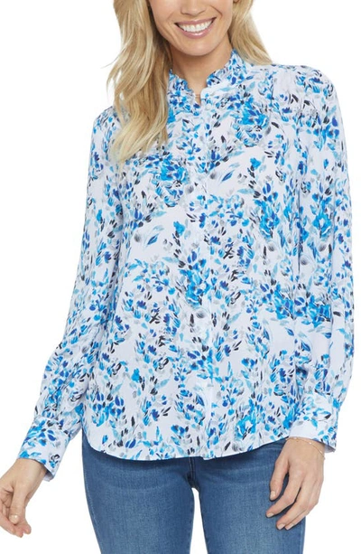 Nydj Ruffle Neck Blouse In Blue Willow
