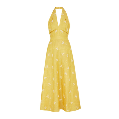 Erdem Selene Halter Floral-embroidered Open-back Maxi Dress In Yellow