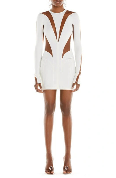 Mugler Cutout Illusion Panel Long Sleeve Body-con Minidress In B1012 Ivory / Nude 02