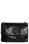 Saint Laurent Niki Medium Flap Ysl Shoulder Bag In Crinkled Leather In Nero