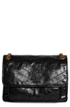 Saint Laurent Niki Medium Flap Ysl Shoulder Bag In Crinkled Leather In 1000 Nero