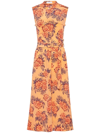 Equipment Illumina Belted Floral Silk Midi-dress In Orange Cantaloupe Multi
