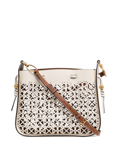 Tory Burch Bell Laser-cut Monogram Shoulder Bag In New Ivory