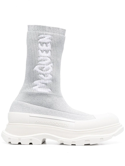 Alexander Mcqueen Tread Slick Sock-style Boots In Silver White