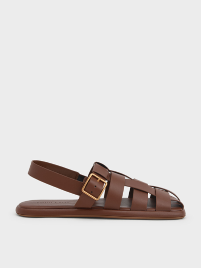 Charles & Keith Metallic Buckle Caged Slingback Sandals In Brown