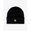 CARHARTT CARHARTT WIP MEN'S BLACK / GOLD CHASE LOGO-EMBROIDERED KNITTED BEANIE HAT,58838656