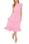 Cece Clip Dot Flutter Sleeve Midi Dress In Pink Begonia