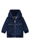 GIVENCHY KIDS' LOGO GRAPHIC FULL ZIP INDIGO FRENCH TERRY HOODIE