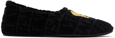 Versace Medusa-embroidered Terry-towelling Slippers In Black