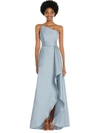 Alfred Sung One-shoulder Satin Gown With Draped Front Slit And Pockets In Blue