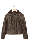 Sebby Hooded Faux Leather Jacket In Brown