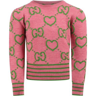 Gucci Kids' Pink Sweater For Girl With Iconic Green Gg In Rosa/verde