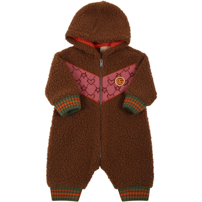 Gucci Brown Jumpsuit For Baby Girl With Hearts, Stars And Logo