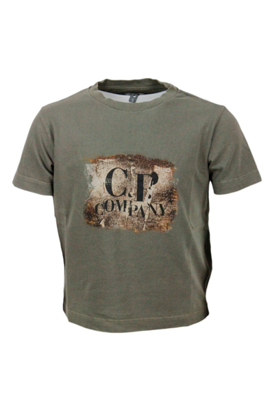 C.p. Company Kids' Garment-dyed Cotton Jersey Short-sleeved Crew Neck T-shirt With Logo On The Chest In Military