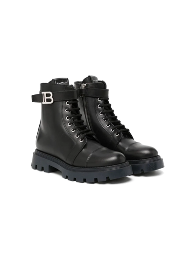 Balmain Teen Lace-up Ankle Boots In 黑色