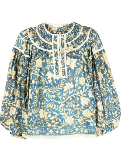 Ulla Johnson Kirana Gathered Floral Button-front Blouse In Blue