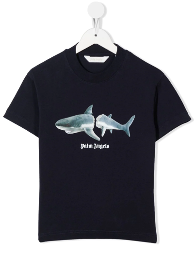 Palm Angels Blue T-shirt For Boy With Shark In Black