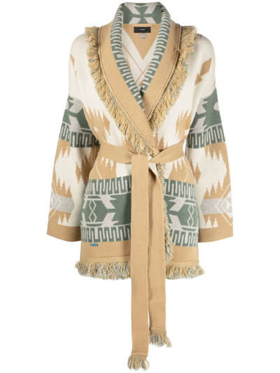 Alanui Ikat Jacquard Belted Cashmere Icon Cardigan In Beige
