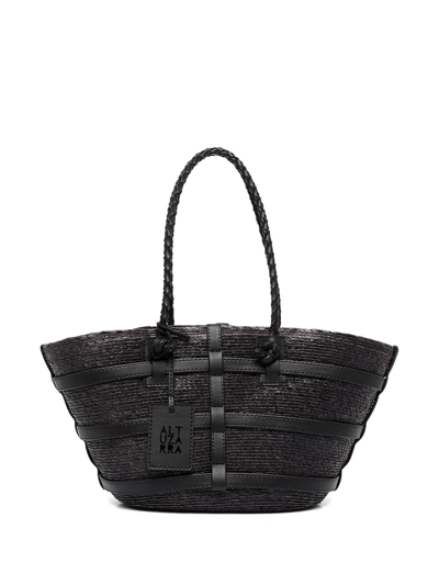 Altuzarra Watermill Small Caged Leather & Raffia Tote Bag In 黑色