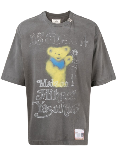 Miharayasuhiro Teddy-print Distressed Cotton-jersey T-shirt In Black
