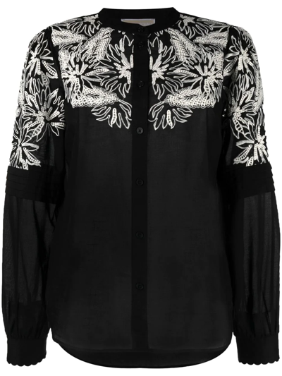 Michael Michael Kors Floral-embroidered Cardigan In 黑色