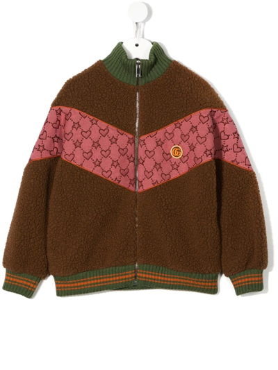 Gucci Kids' Brown Jacket For Girl With Hearts And Stars Motif