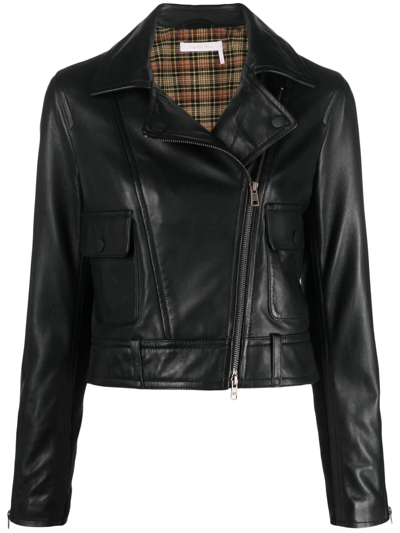 See By Chloé Cropped Wool-paneled Leather Biker Jacket In Black