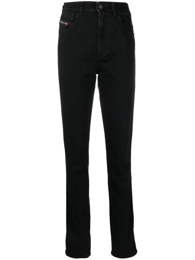 Diesel High-waisted Wide-leg Trousers With Signature Logo Detail In Black