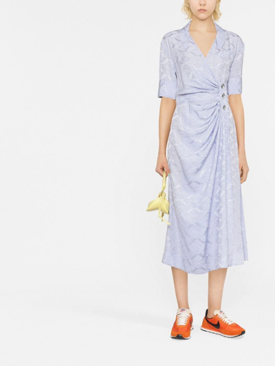 Ganni Gathered Floral-jacquard Midi Wrap Dress In Cosmic Sky
