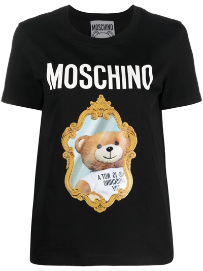 Moschino Logo&泰迪熊棉质平纹针织t恤 In Black