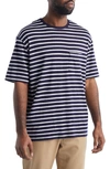 Icebreaker Granary Stripe Merino Wool Pocket T-shirt In Midnight Navy/ Snow