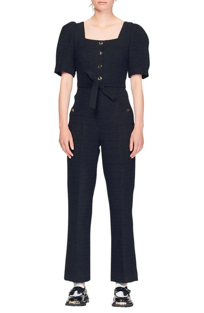 Sandro Square-neck Tweed Cotton-blend Jumpsuit In Black