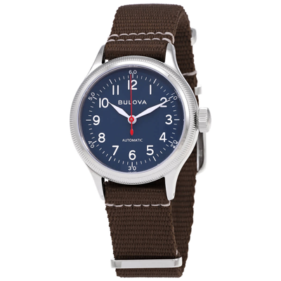 Bulova Men's Military Automatic Brown Nylon Strap Watch 37mm In Blue,brown,silver Tone,white