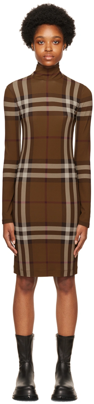 Burberry Brown Turtleneck Dress With A Tartan Pattern In Dark Birch Brown