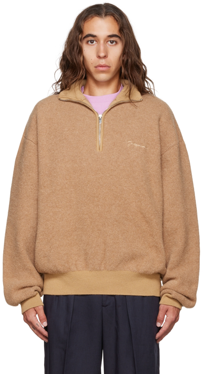 Jacquemus La Maille Berger Embroidered Logo Half Zip Merino Wool Blend Jumper In Beige