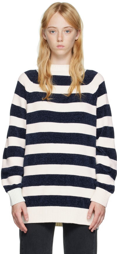 Pushbutton White Striped Sweater
