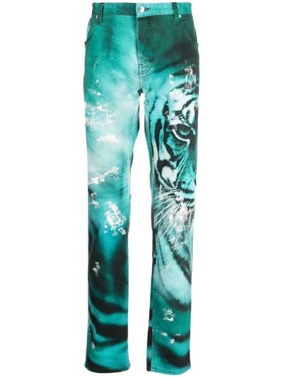 Roberto Cavalli Tiger-print Straight-leg Jeans In Grün