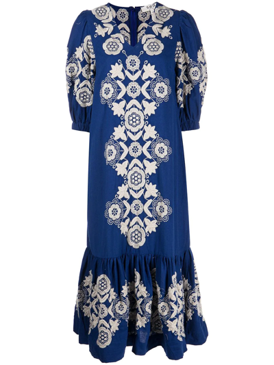 Sea Manuela Embroidered Cotton And Linen-blend Midi Dress In Blue