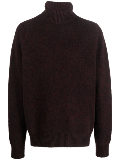 Oamc Roll-neck Embroidered-logo Jumper In Bordo