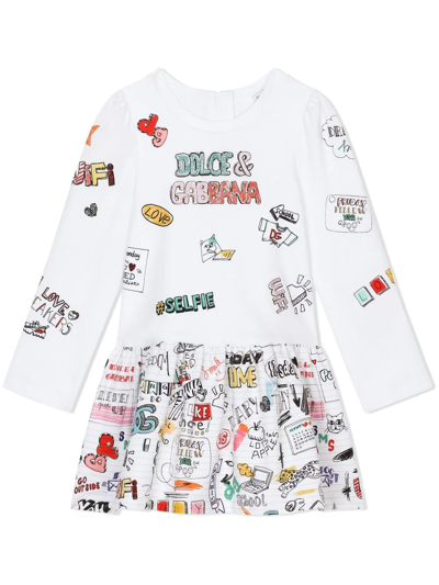 Dolce & Gabbana Kids' Girls White Cotton Smemo Dress In Multicolor