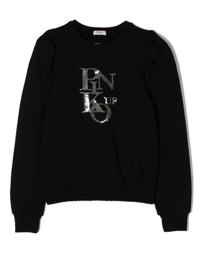 Pinko Teen Sequin-logo Cotton Sweatshirt In Black