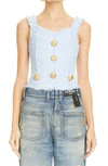 Balmain Button-detail Tweed Cropped Top In Bleu Pale