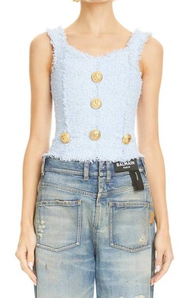 Balmain Button-detail Tweed Cropped Top In Blue