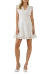 Endless Rose Plunge Neck Tiered Lace Linen & Cotton Dress In White