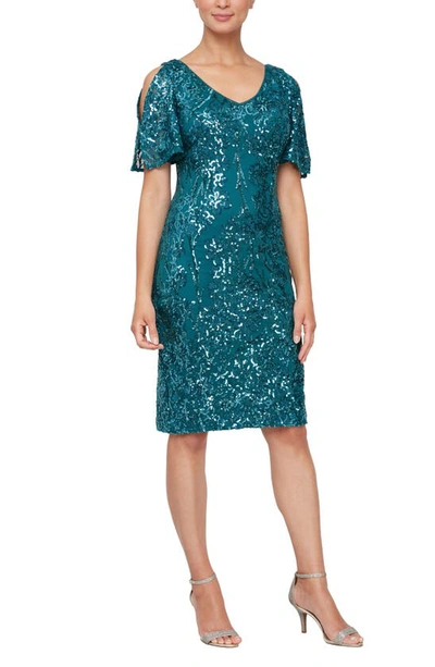 Alex Evenings Slit Sleeve Sequin Cocktail Dress In Deep Ocean