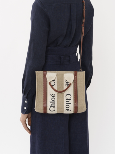Chloé Petit Sac Cabas Woody En Toile De Lin Femme Multicolore Taille Onesize 100% Lin, Cuir De Veau, Polye