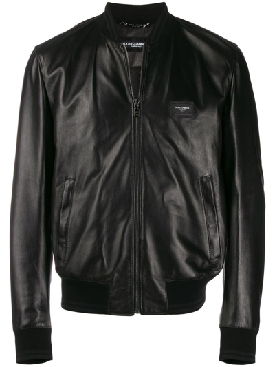 Dolce & Gabbana Logo-plaque Leather Bomber Jacket In Black
