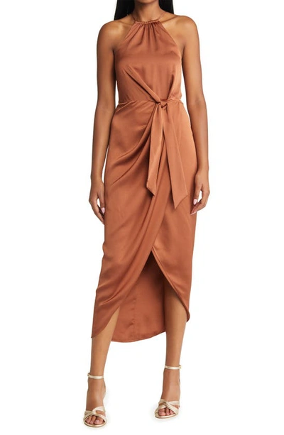Shona Joy Tie Front Satin Midi Dress In Mocha | ModeSens